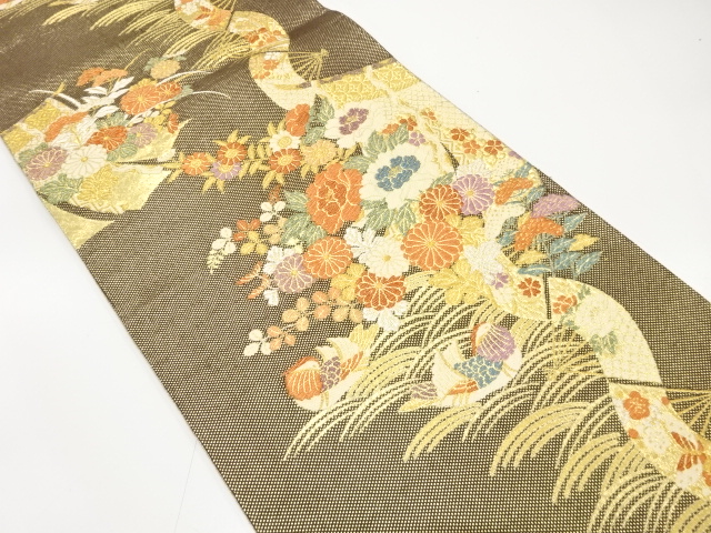 几帳に菊・牡丹・萩模様織り出し　袋帯